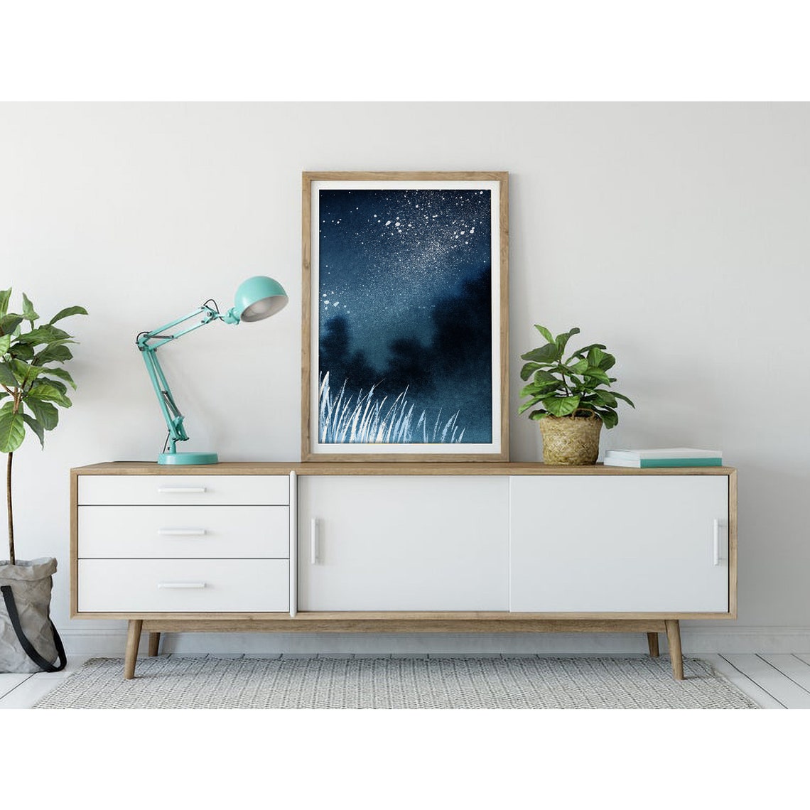Starry Night Sky With White Wild Grass Watercolor Art Poster - Image 3