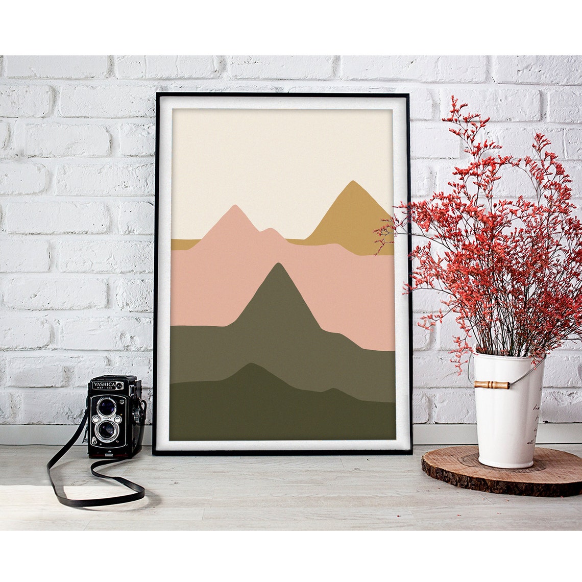 Pastel Pink And Olive Green Layered Peaks Minimalist Mountain Poster - Image 2