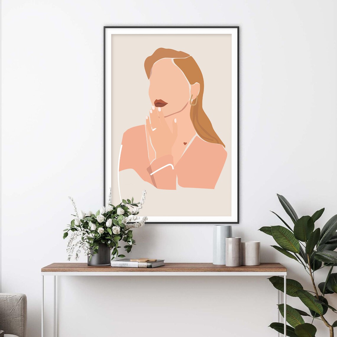 Faceless Blonde Woman Chin Rest Blush Tones Poster for Modern Home Decor - Image 2