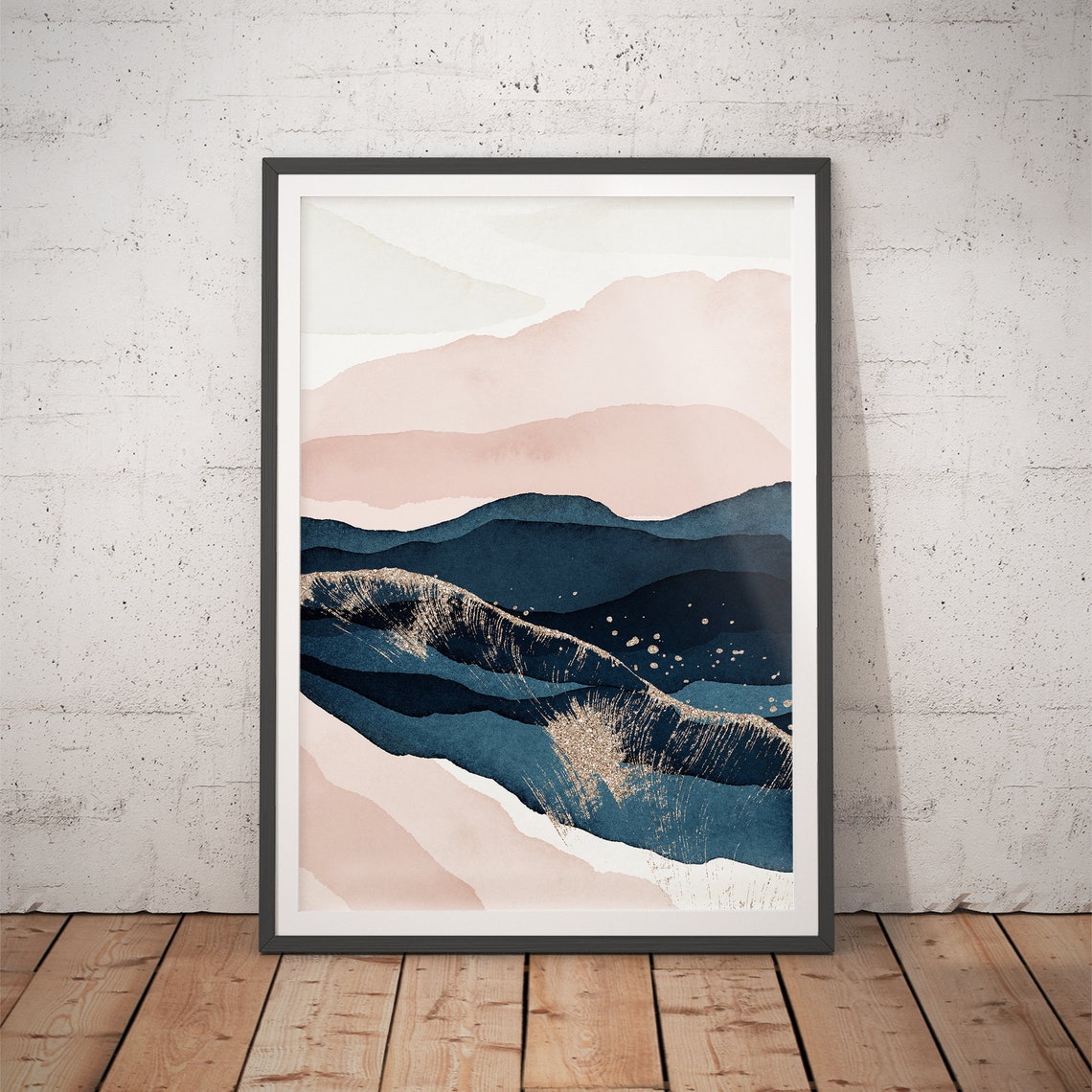 Blush and Navy Mountains With Gold Wave Modern Watercolor Art Poster