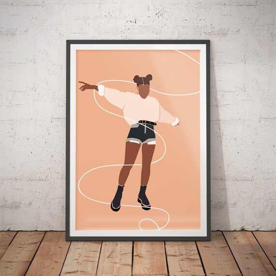Young Ice Skater Gliding on Peach Illustration Poster for Modern Home Decor