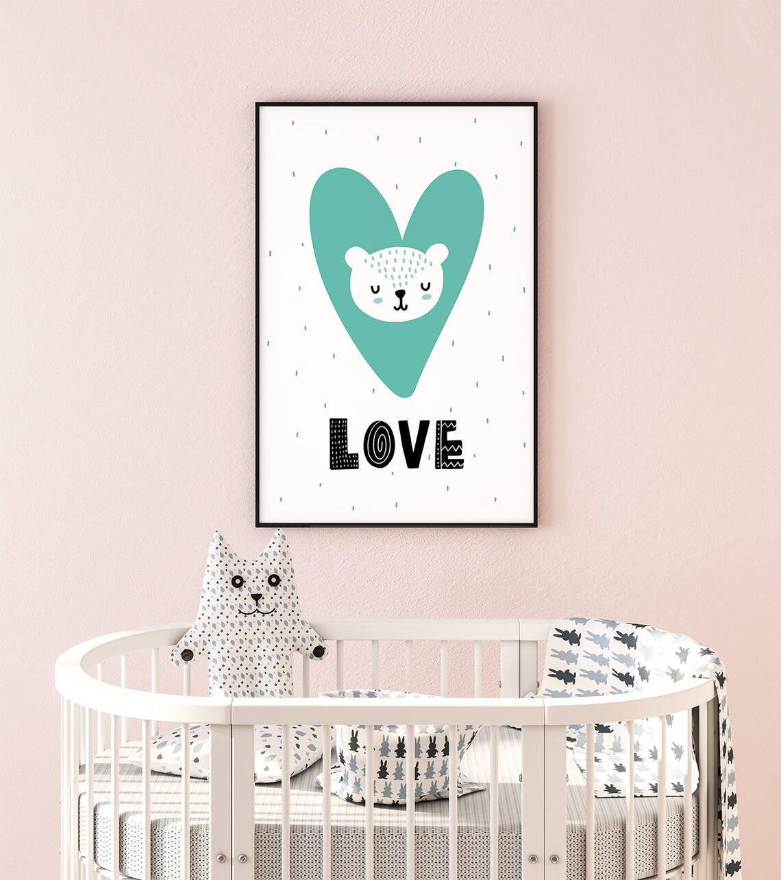 Teal Heart Sleeping Bear Love Nursery Poster Cute Baby Room Kids Decor - Image 2
