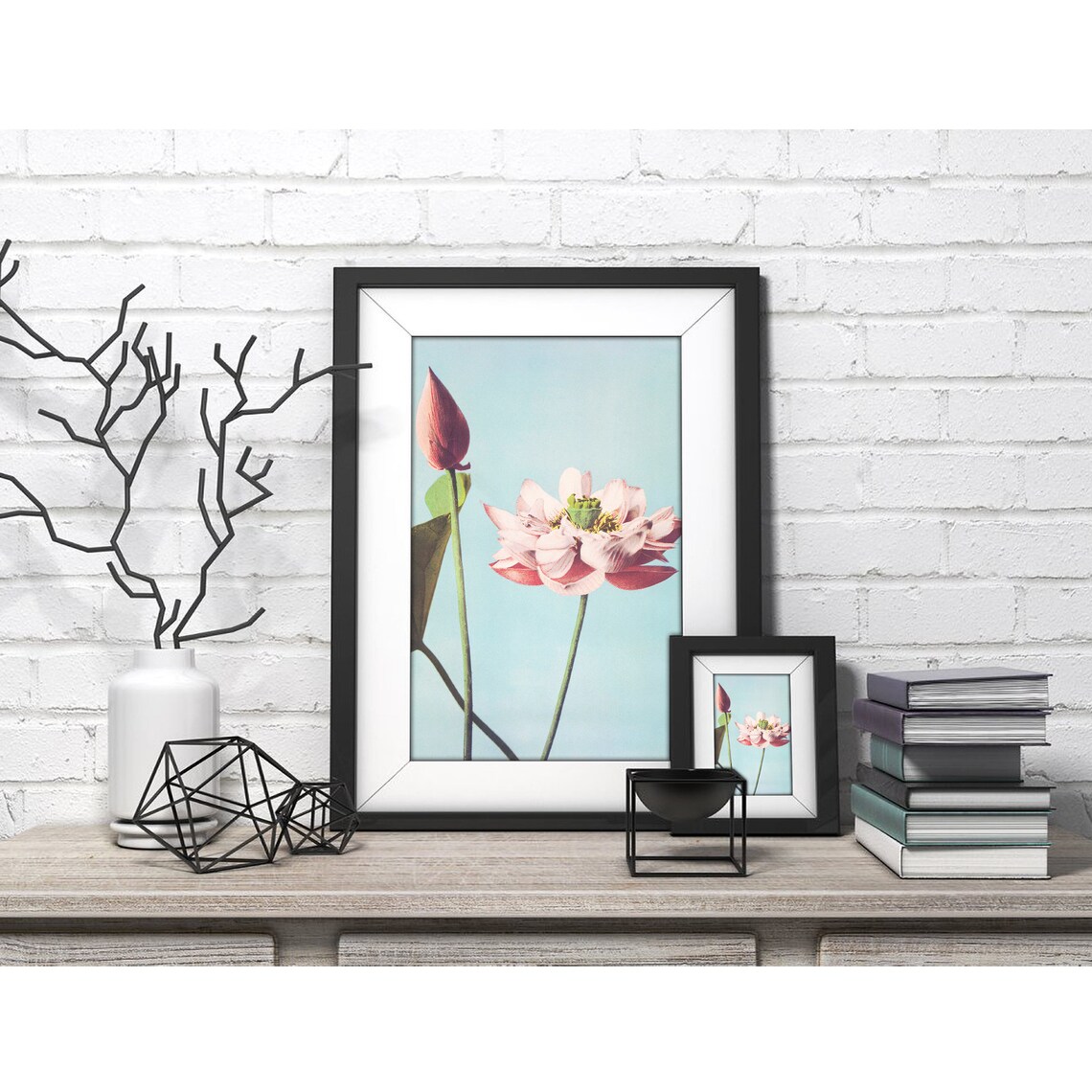 Pink Lotus Bloom and Bud Japanese Watercolor Botanical Art Poster - Image 4