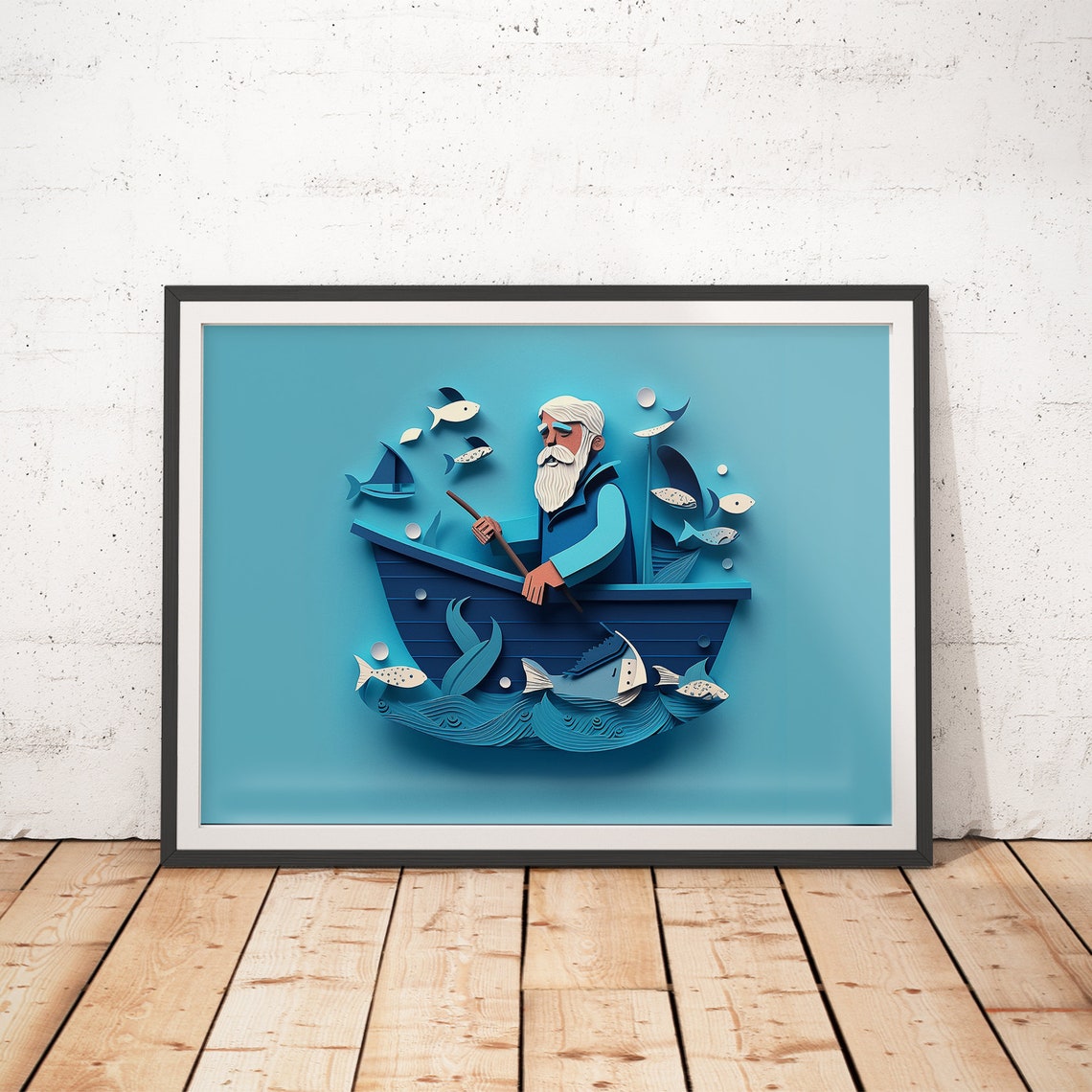 Fisherman Rowing Scandi Blue Boat Paper Cut Kids Room Art Poster