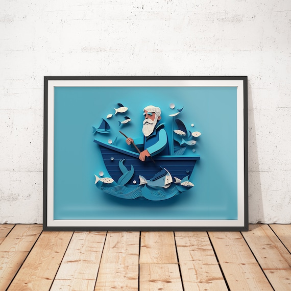 Fisherman Rowing Scandi Blue Boat Paper Cut Kids Room Art Poster