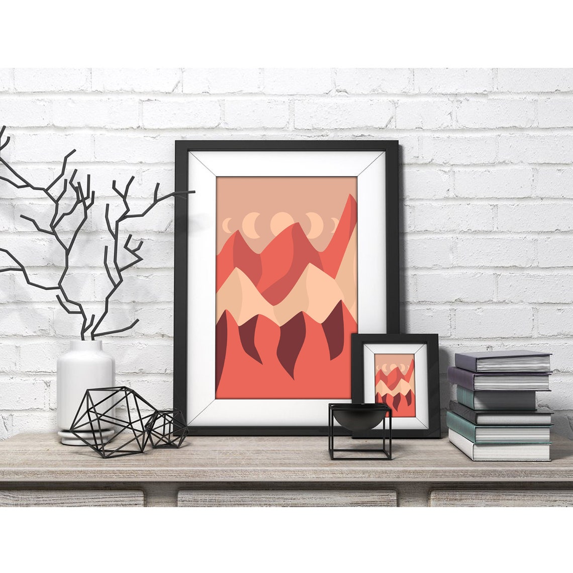 Terracotta Mountain Peaks Under Five Moon Phases Boho Art Poster - Image 4
