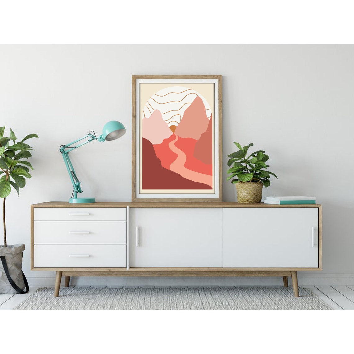 Boho Desert River Valley with a Striped Sun Arch Abstract Poster - Image 3