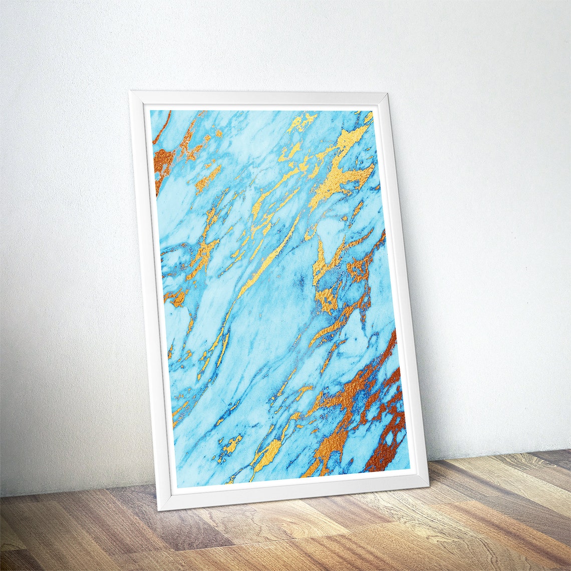 Sky Blue Marble Bold Gold Diagonal Veins Modern Abstract Poster - Image 4