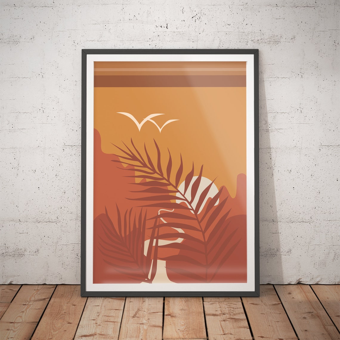 Tropical Sunset with Palm Leaves and Birds Orange Art Poster