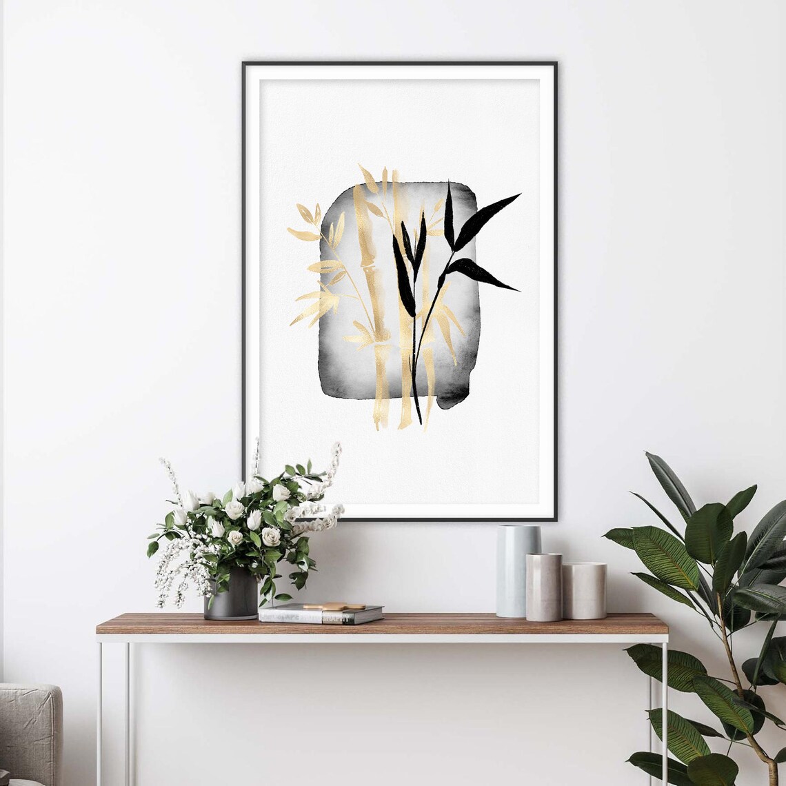 Golden Bamboo Stalks on Gray Ink Wash Japanese Botanical Poster - Image 2
