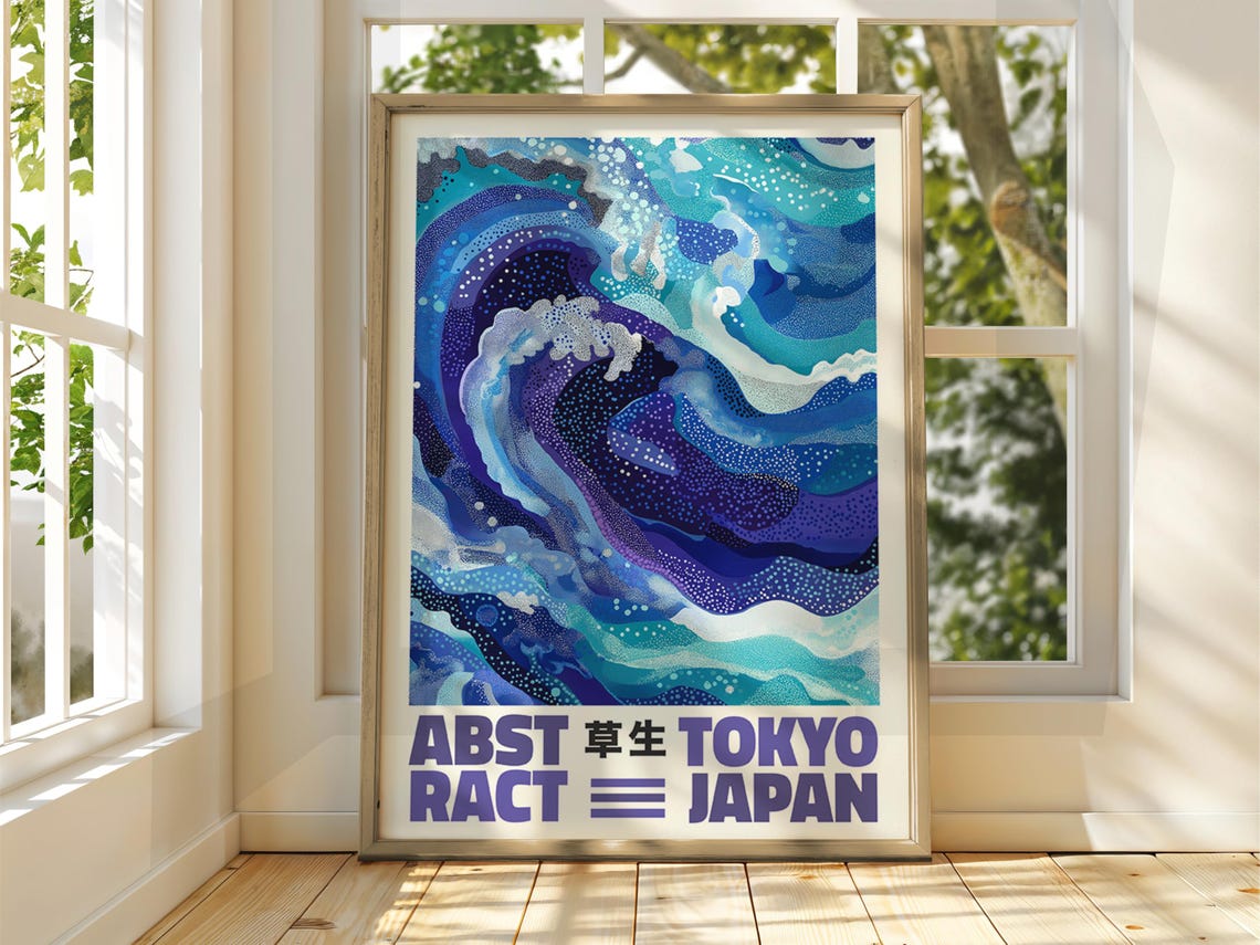 Abstract Tokyo Japan Blue Ocean Wave Dot Art Japanese Style Poster