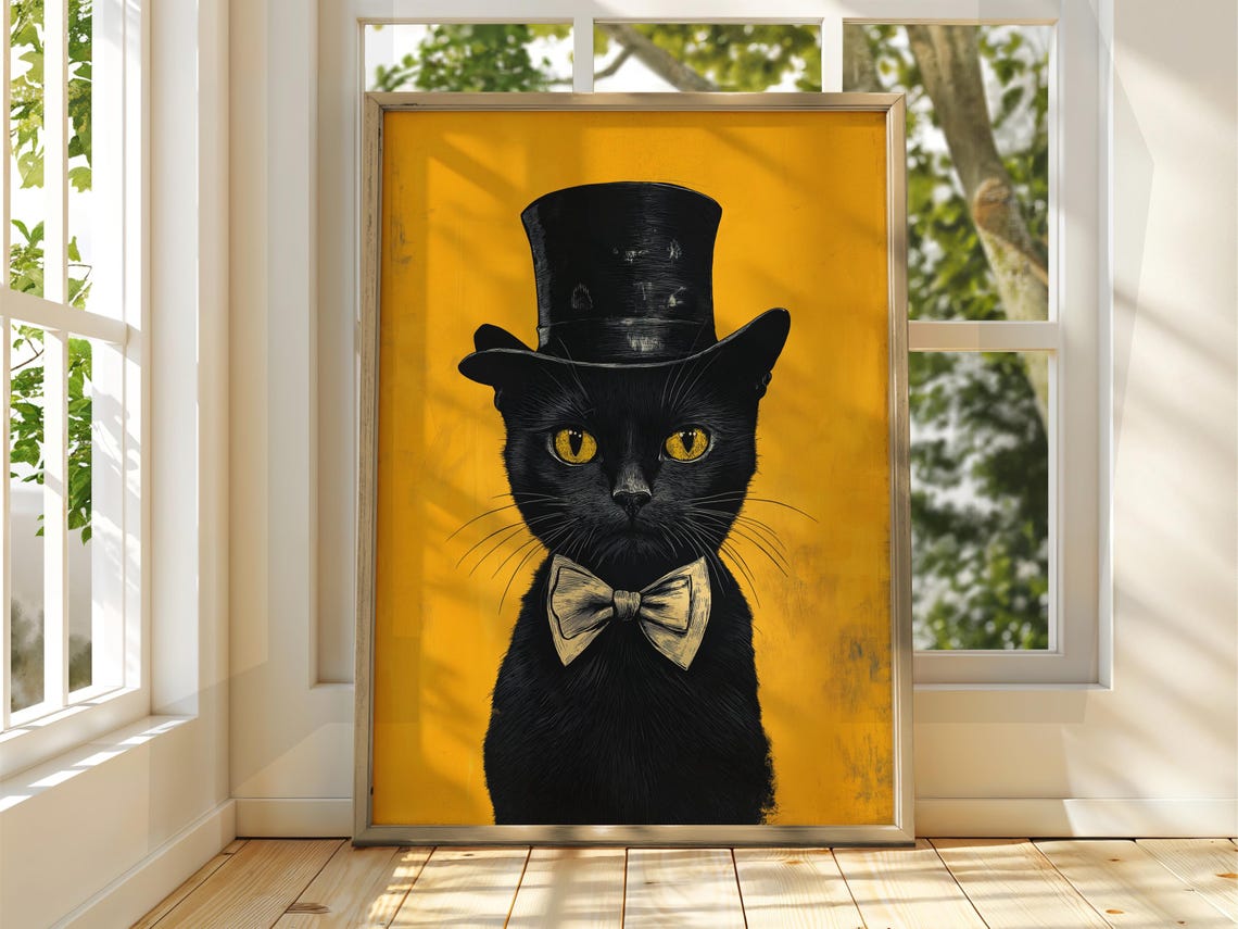 Black Cat in Top Hat and Bow Tie Mustard Yellow Portrait Art Poster