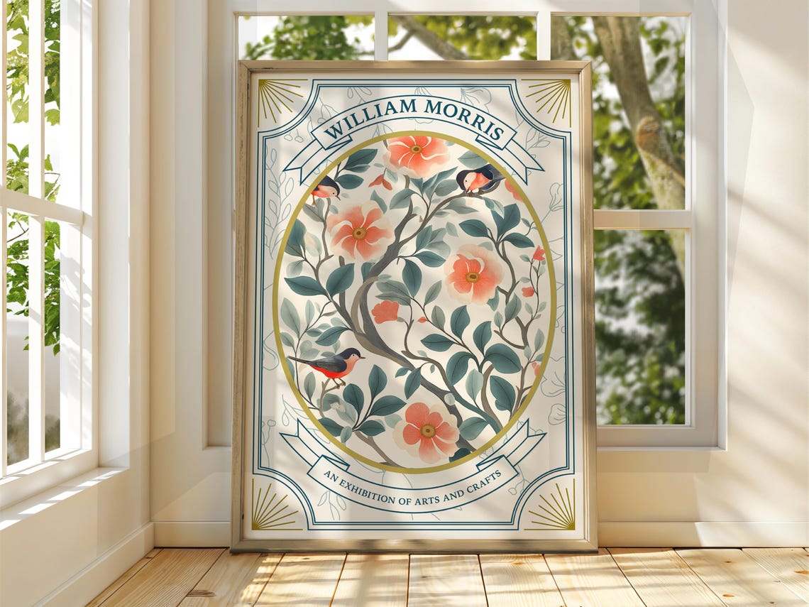 William Morris Style Blossom Branch Birds Spring Exhibition Poster
