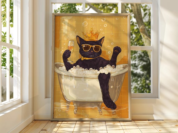 Cat With Wine Bathtub Poster Funny Black Cat Crown Sunglasses Art