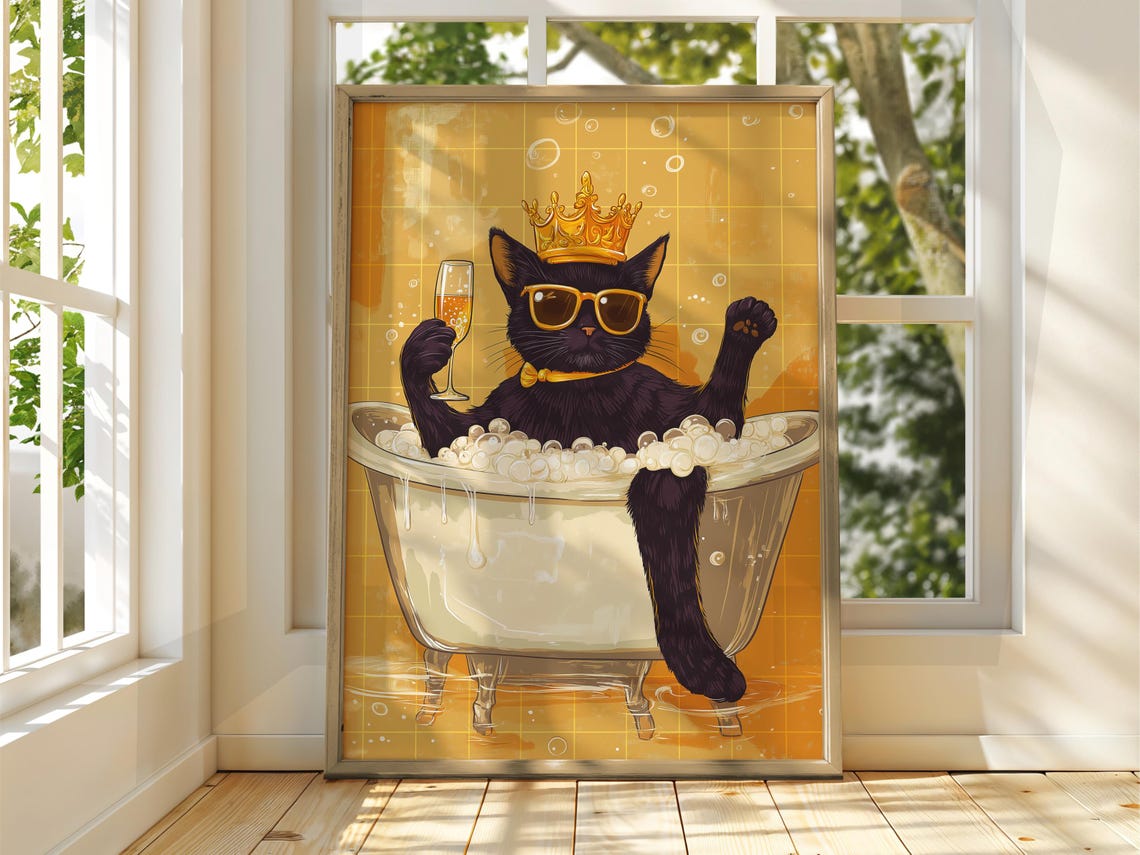 Cat With Wine Bathtub Poster Funny Black Cat Crown Sunglasses Art