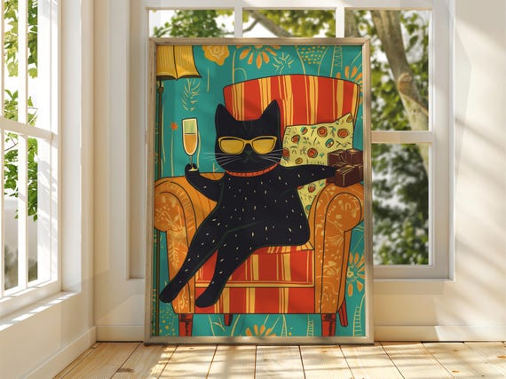 Cat With Wine Poster Wall Art Illustration Fun Animal Funny Feline Drinking Prints Black