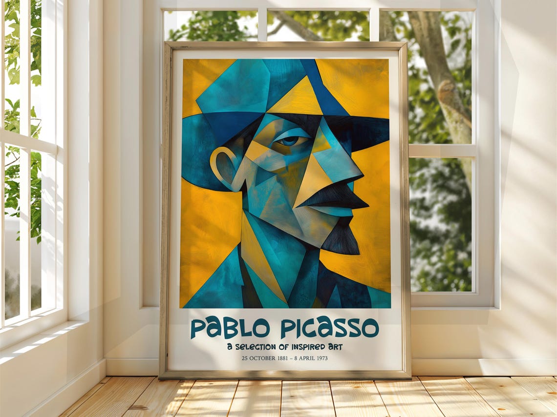 Pablo Picasso Inspired Cubist Blue Gold Portrait Face Poster