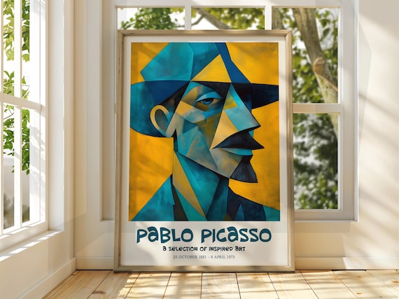 Pablo Picasso Inspired Cubist Blue Gold Portrait Face Poster