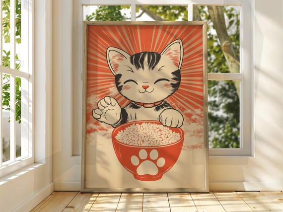 Cat With Rice Art Vintage Japanese Wall Animal Poster Funny Print Ramen