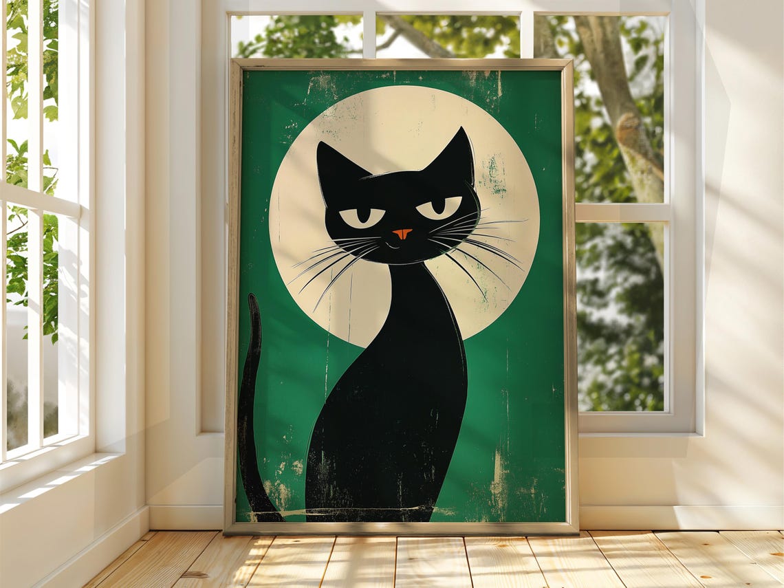 Black Cat Under Full Moon Green Retro Whimsical Animal Poster