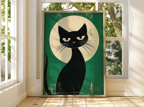 Cat And Moon Poster Wall Art Illustration Fun Animal Feline Decor Kitten Black Pet Green