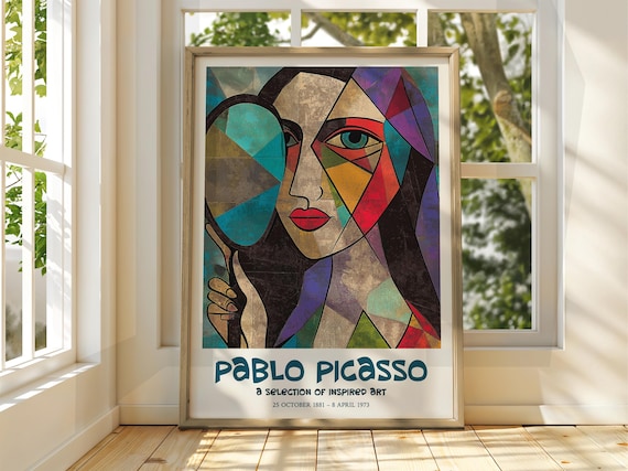 Pablo Picasso Inspired Cubist Woman Portrait Colorful Art Poster