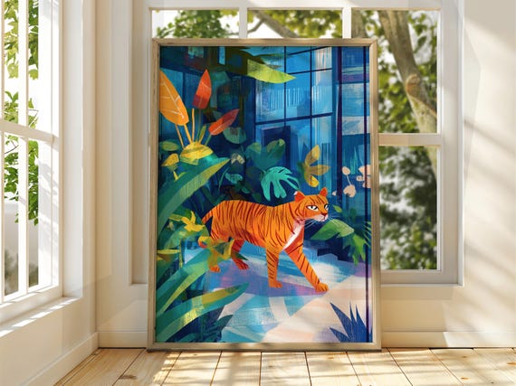 Walking Tiger Poster Wall Art Animal Illustration Bright Home Decor Print Cat