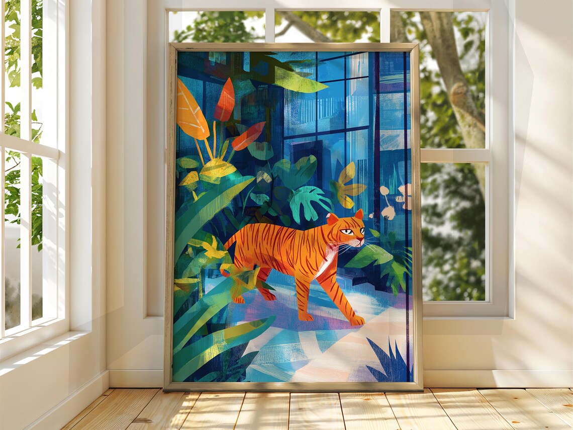 Colorful Walking Tiger Illustration Tropical Foliage Blue Jungle Art Poster