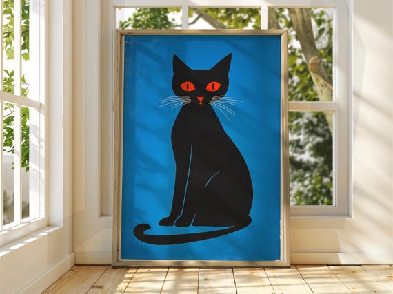 Black Cat On Blue Poster Wall Art Illustration Fun Animal Feline Decor Kitten Pet