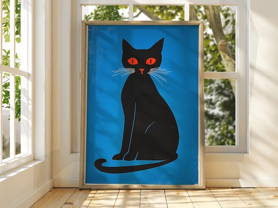 Minimalist Black Cat Silhouette With Orange Eyes On Blue Poster