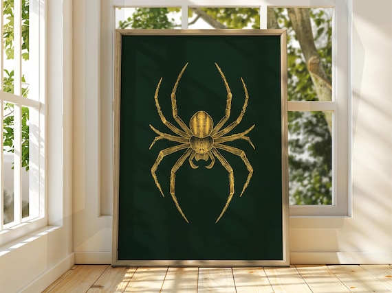 Golden Spider Illustration Dark Green Background Bold Insect Poster