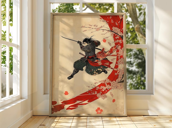 Japanese Samurai Warrior Ukiyoe Style Cherry Blossom Katana Poster