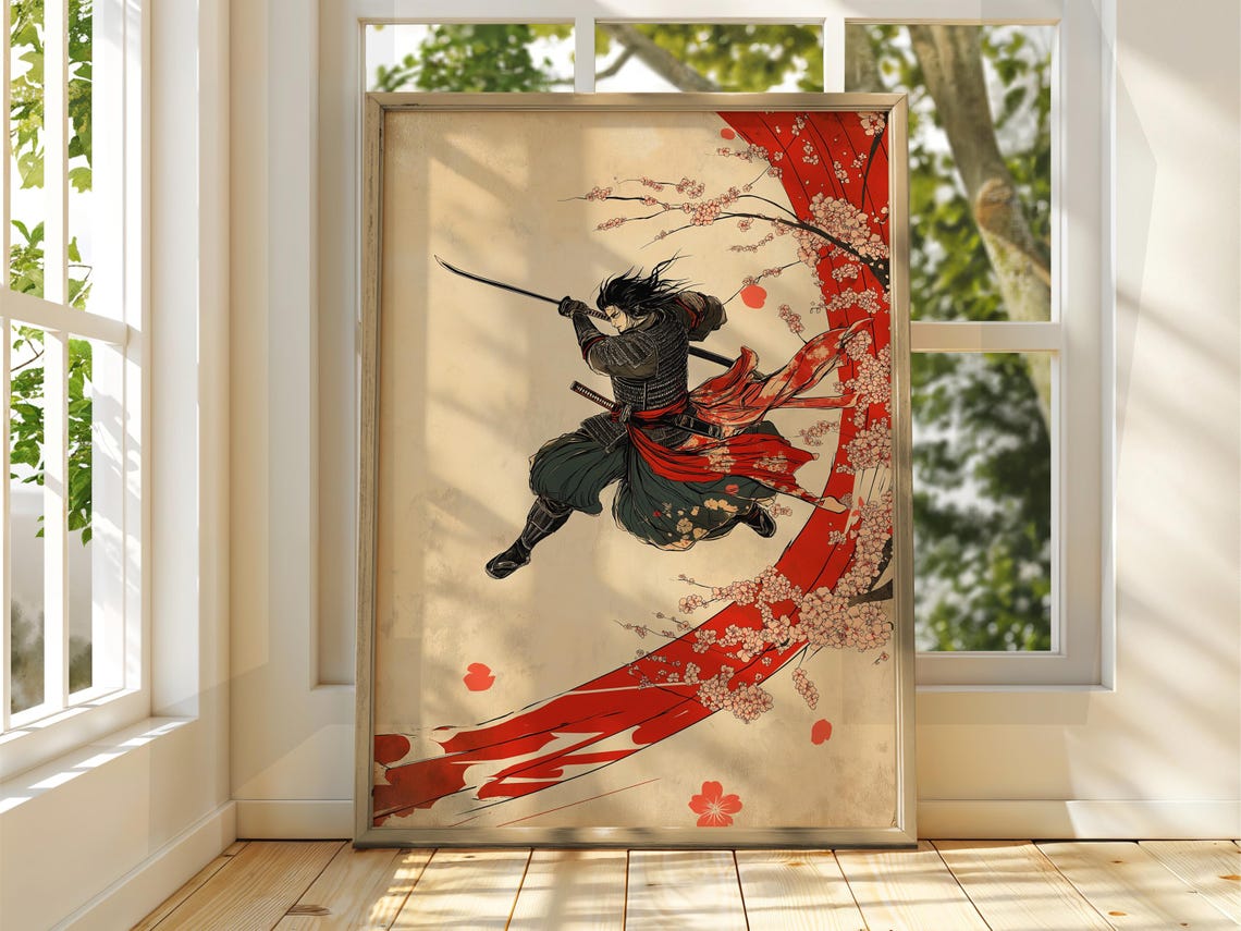 Japanese Samurai Warrior Ukiyoe Style Cherry Blossom Katana Poster