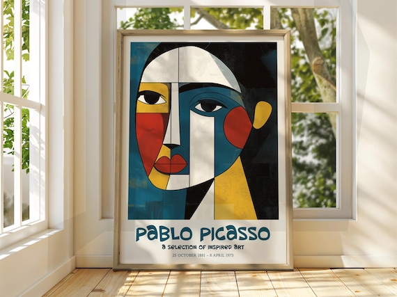 Pablo Picasso Inspired Cubist Woman Portrait Blue Red Art Poster