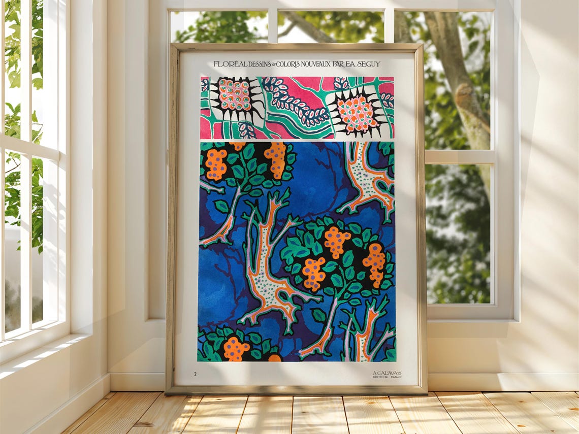 E A Seguy Floral Pattern Art Print with Blue Orange Vintage Design
