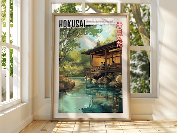 Hokusai Ukiyo-e Riverside Pavilion Teahouse Emerald Water Forest Poster
