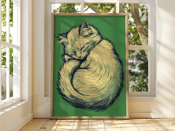 Sleeping Cat Curled In A Ball Detailed Line Illustration Poster