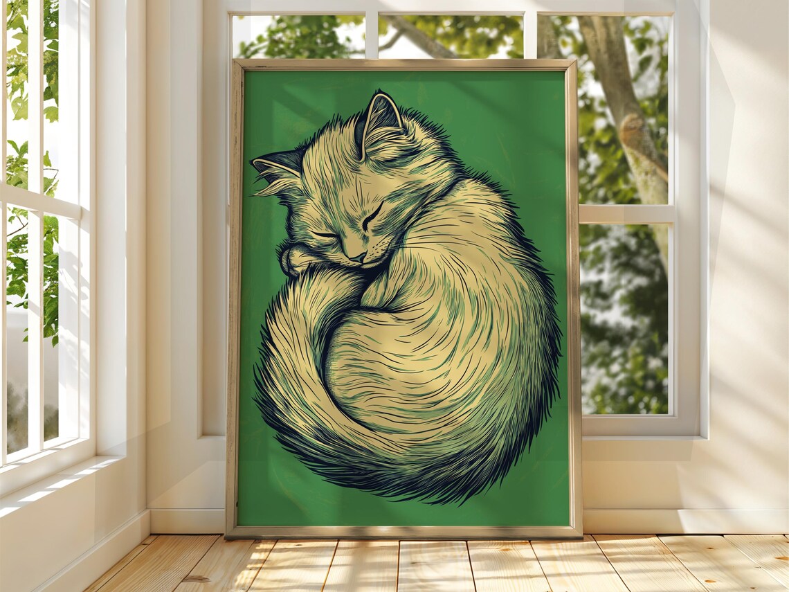 Sleeping Cat Curled In A Ball Detailed Line Illustration Poster