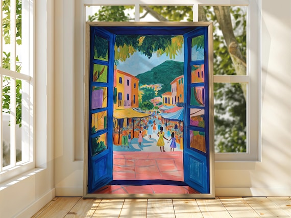 Blue Open Doors Colorful Mediterranean Village Street Art Poster