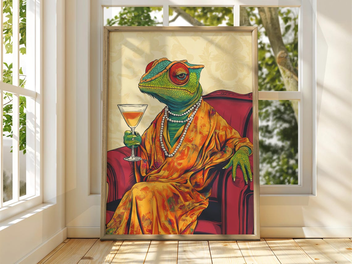Fancy Chameleon Poster Drinking Animal Art Illustration Funny Quirky Drinks Whiskey