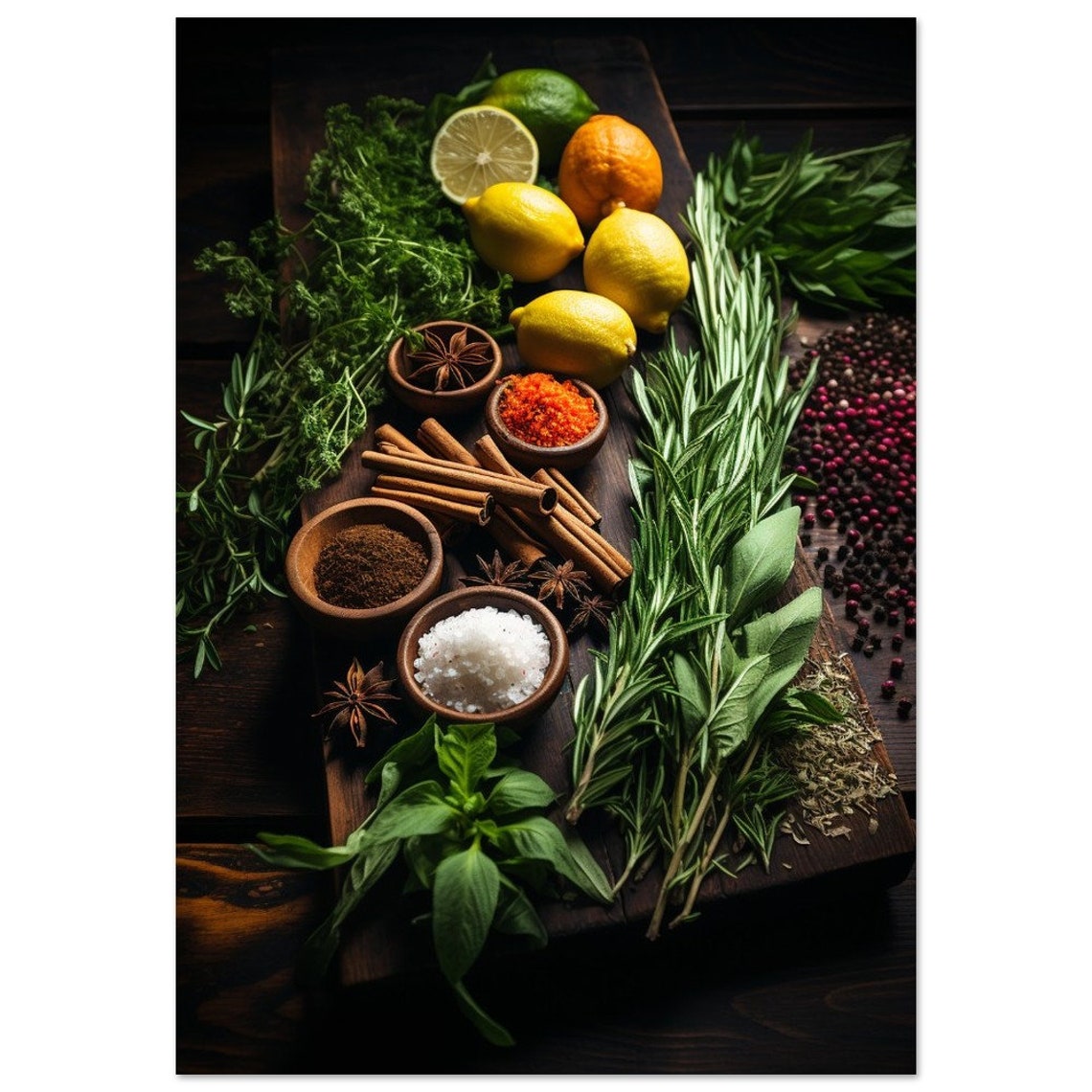 Moody Rosemary Lemons Cinnamon Anise Salt Dark Flat Lay Poster - Image 2