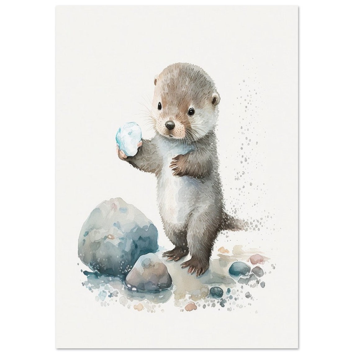 Baby Otter Holding Stone Standing On Rocks Watercolor Nursery Poster - Image 3