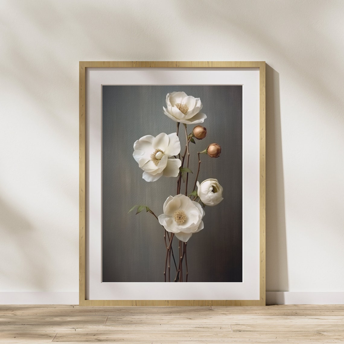 Elegant White Flowers on Dark Background Moody Floral Art Poster