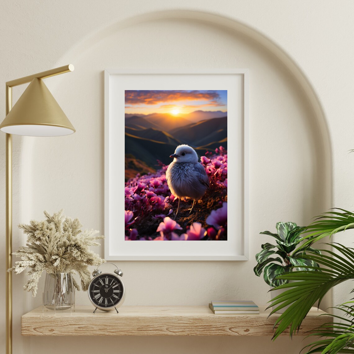 White Baby Bird Pink Flower Field Sunrise Wildlife Nature Poster - Image 3