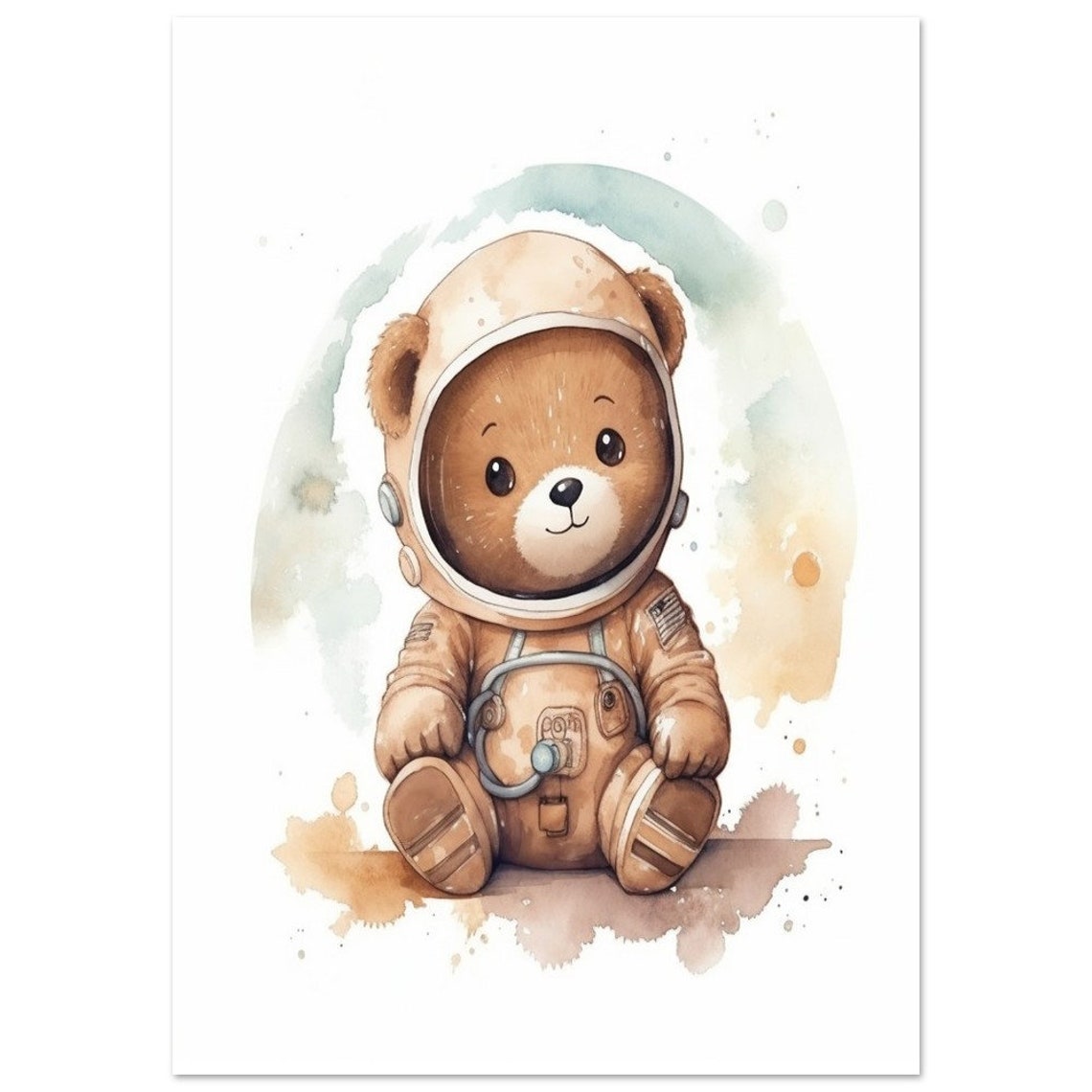 Cute Teddy Bear Astronaut Watercolor Space Nursery Art Poster - Image 2