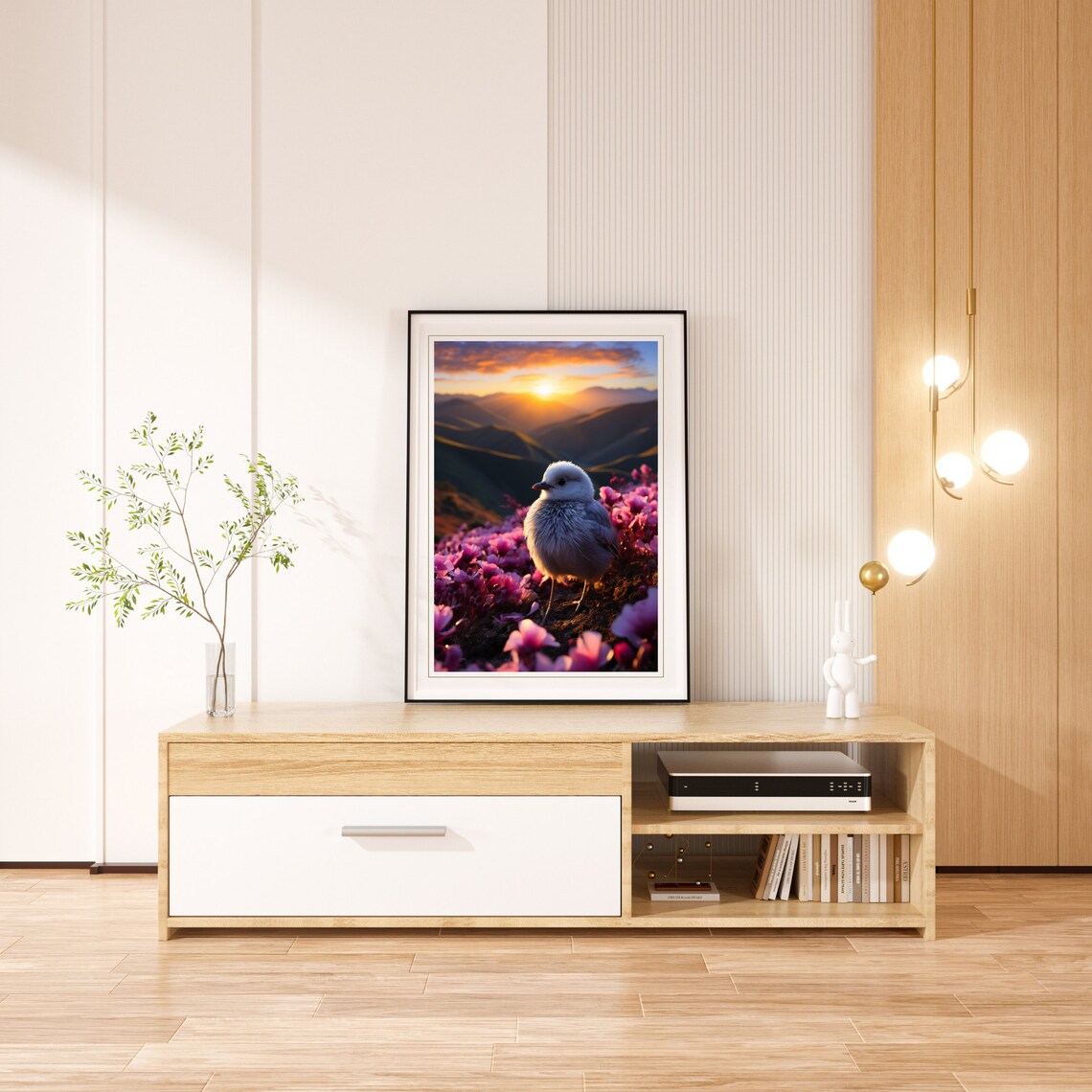 White Baby Bird Pink Flower Field Sunrise Wildlife Nature Poster - Image 4