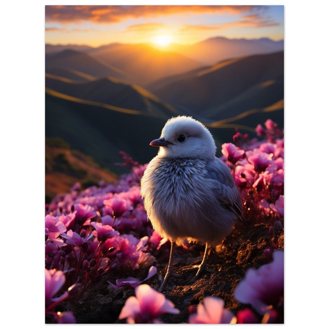 White Baby Bird Pink Flower Field Sunrise Wildlife Nature Poster - Image 2