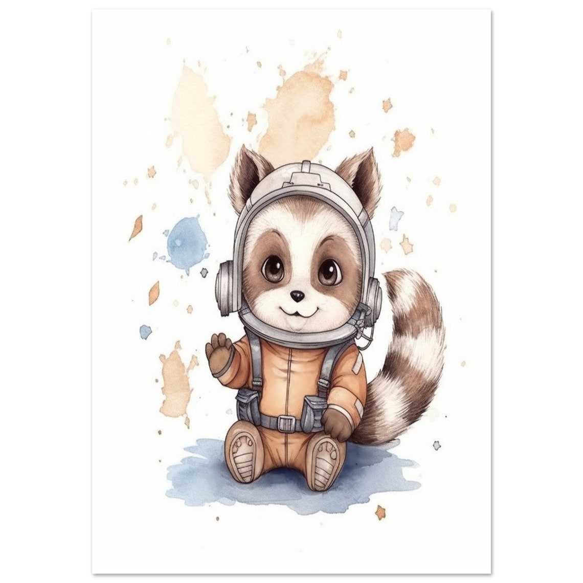 Cute Baby Raccoon Astronaut Watercolor Outer Space Nursery Poster - Image 2