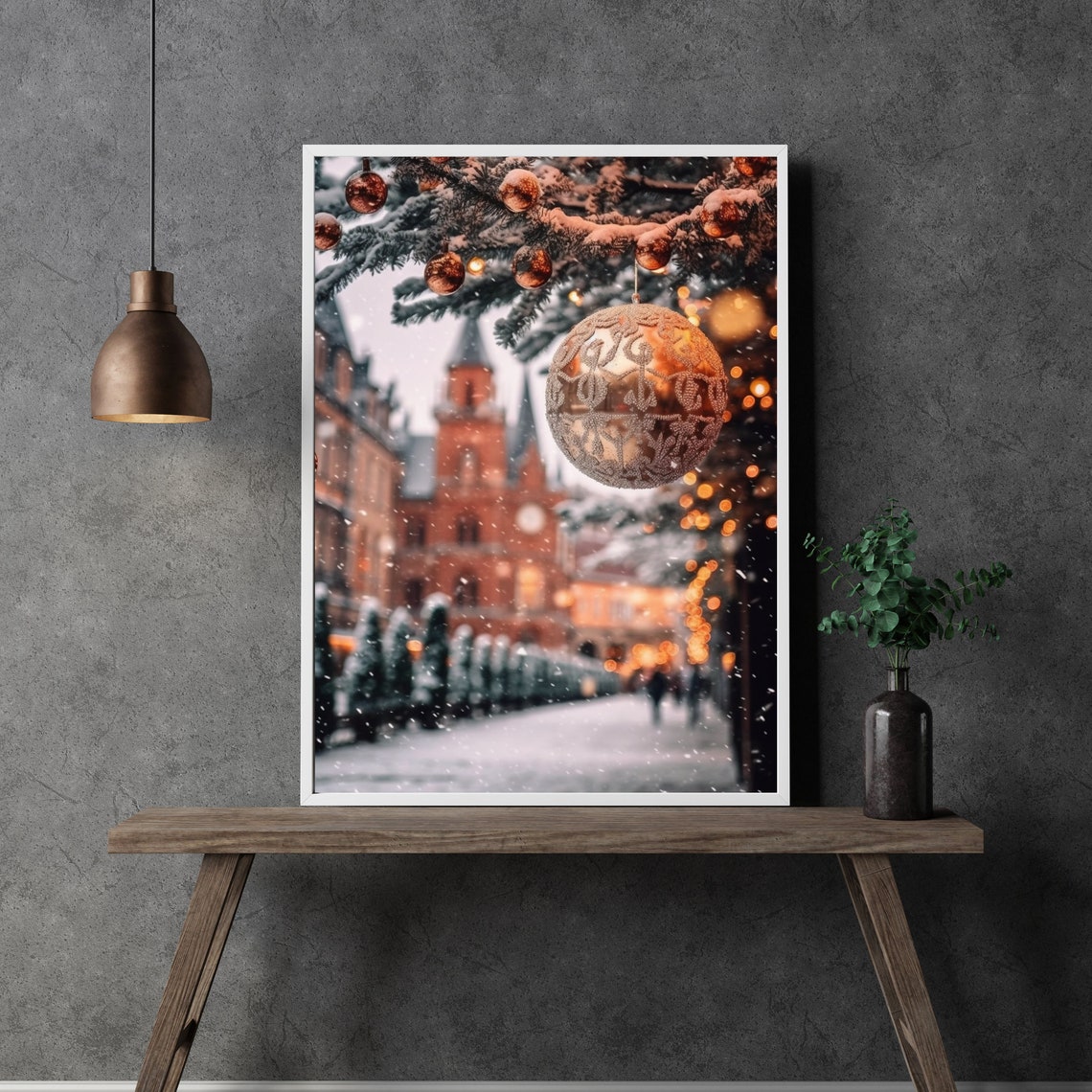 Snowy Christmas Town Street Clock Tower Gold Ornament Winter Poster - Image 2