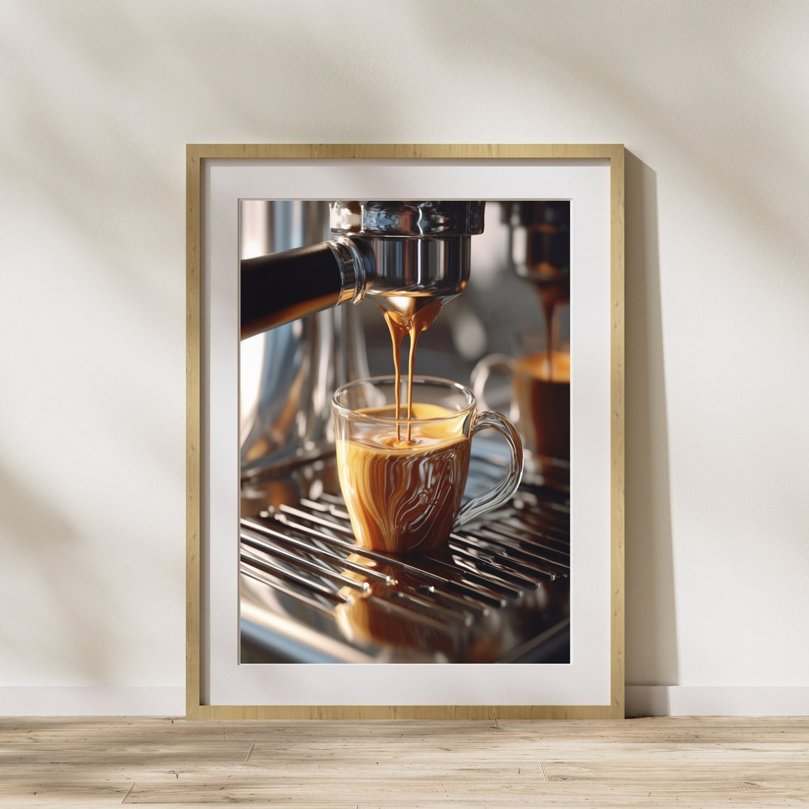 Espresso Pouring into Glass Cup Coffee Photography Art Poster